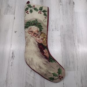 Vintage Santa & Child Needlepoint Tapestry Holiday Christmas Stocking